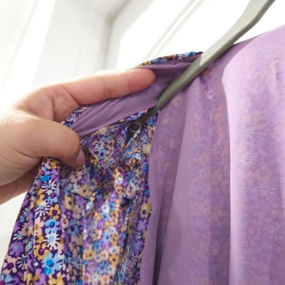 Zara Purple Blue Yellow Floral Puff Smocked Sleeve Sundress Mini, Deep Vneck, S - Picture 9 of 16